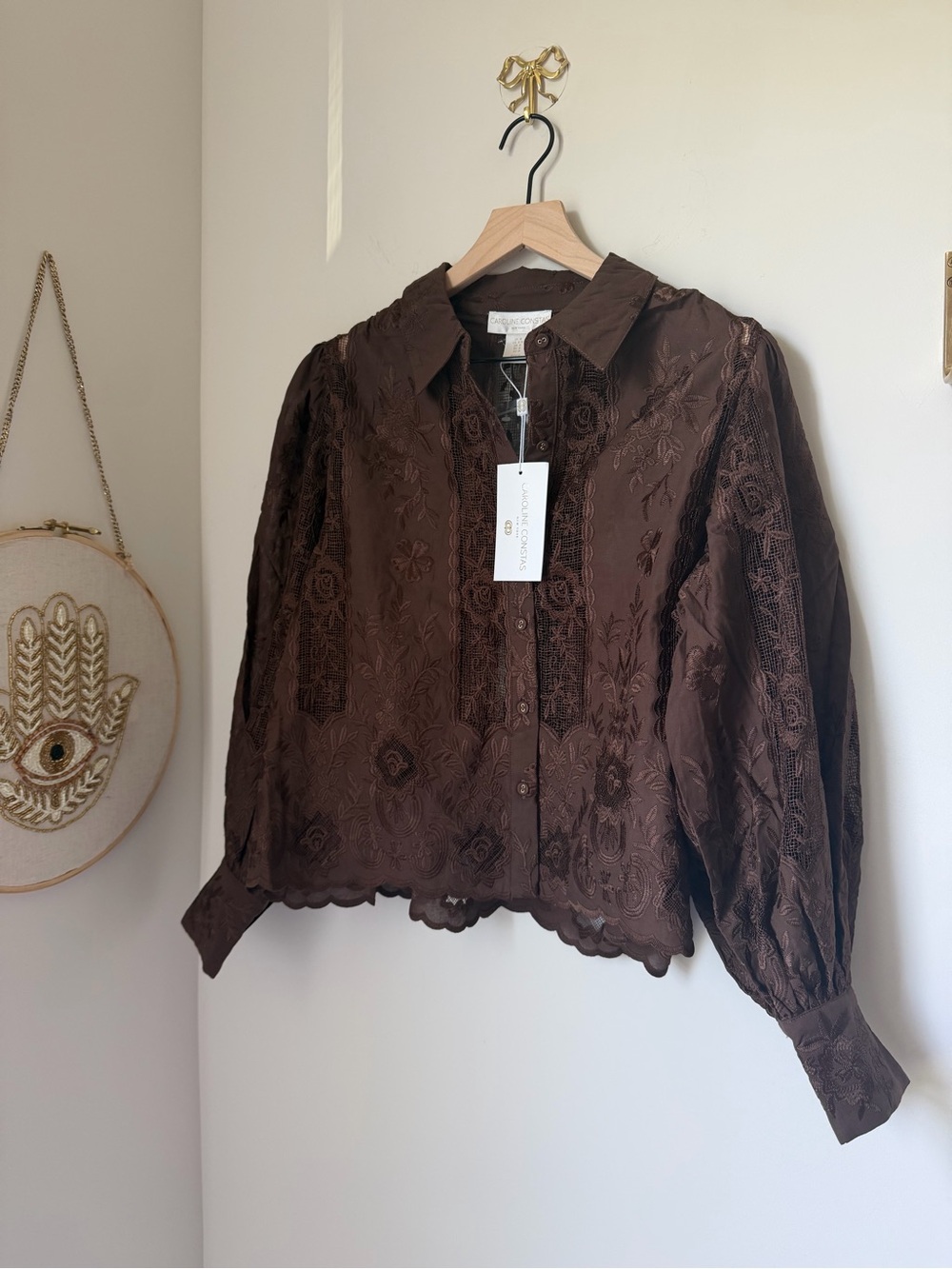 Caroline Constas dark Brown lace Embroidered cotton Long Sleeve Blouse